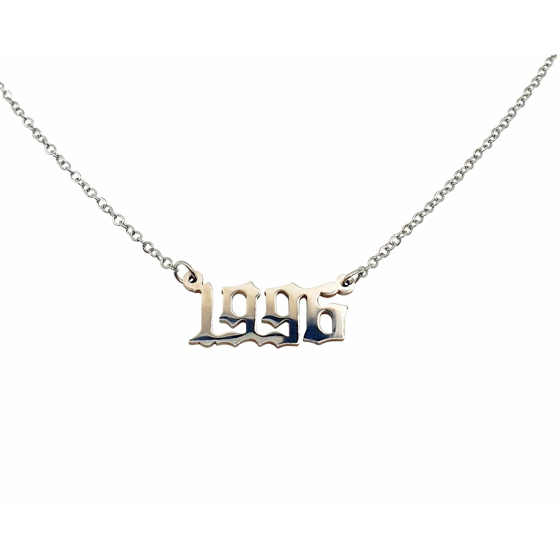 A stylish 1996 Year Necklace made of tarnish-free stainless steel, available in gold and silver, featuring a comfortable 18-inch chain.