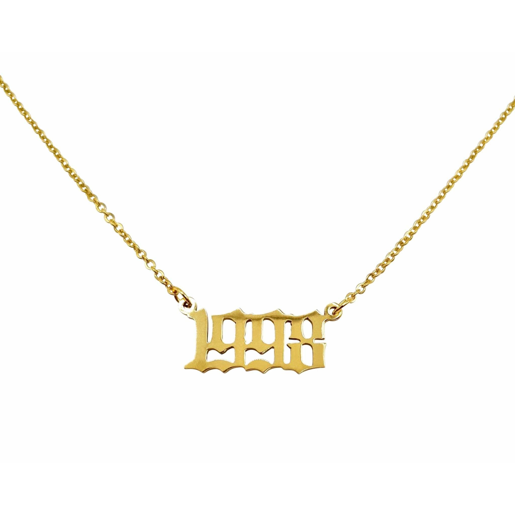 A stylish 1998 Year Necklace made of tarnish-free stainless steel in gold and silver options, featuring an 18-inch chain and 2cm width.