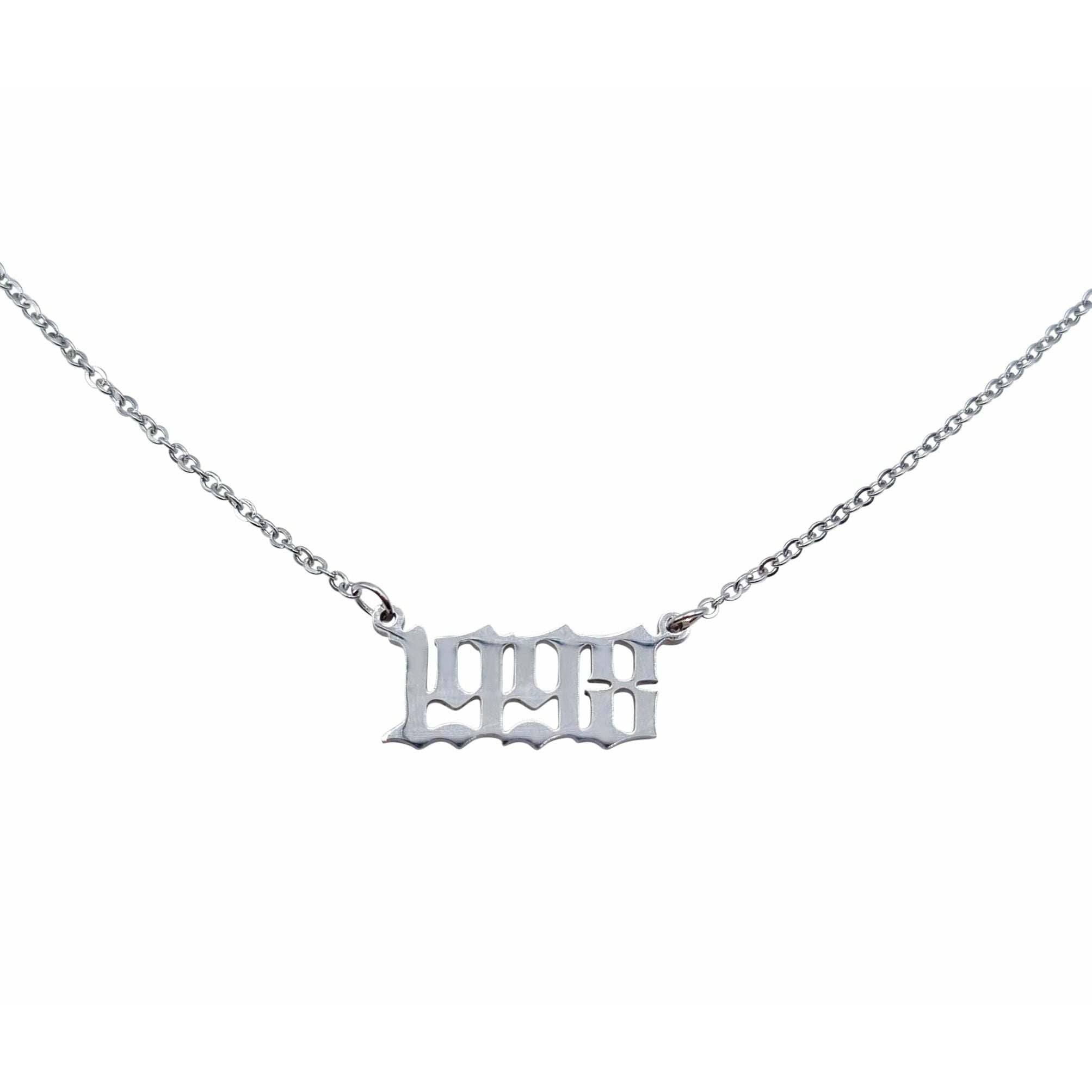 A stylish 1998 Year Necklace made of tarnish-free stainless steel in gold and silver options, featuring an 18-inch chain and 2cm width.