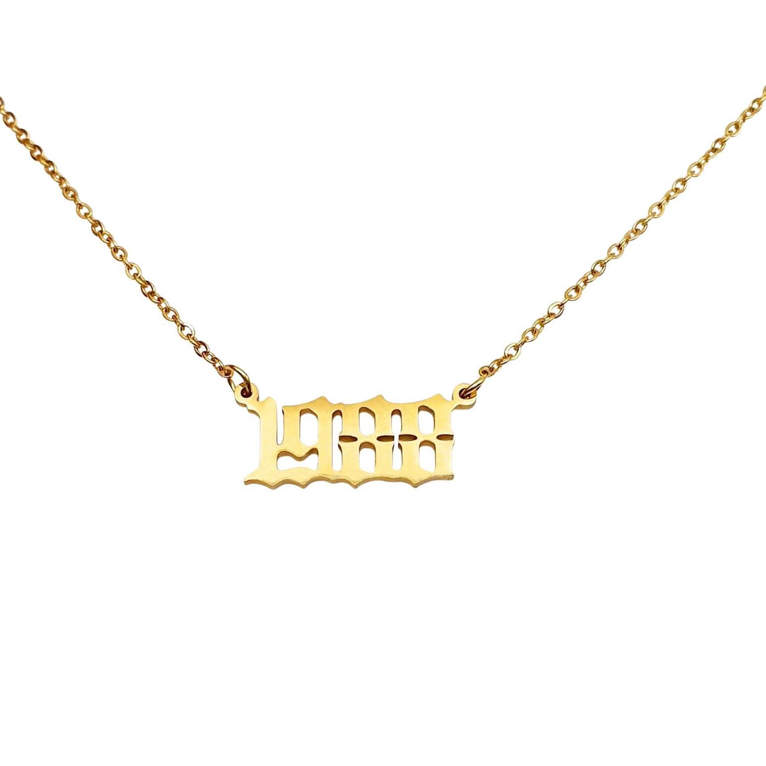 A stylish 1988 Year Necklace made of tarnish-free stainless steel, available in gold and silver finishes, featuring a comfortable 18-inch chain.