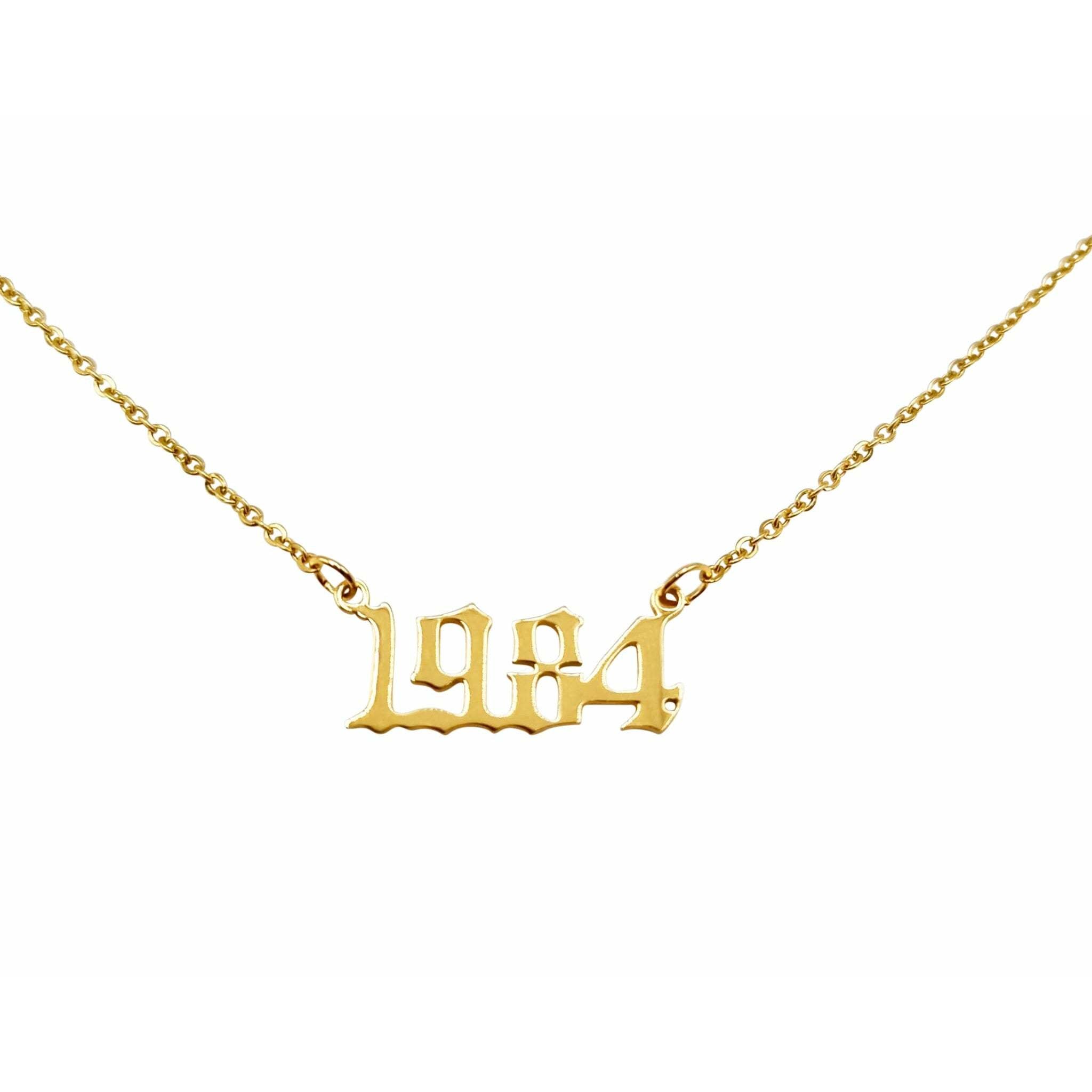 A stylish 1984 Year Necklace made of tarnish-free stainless steel, available in gold and silver, featuring a modern design with an 18-inch chain.