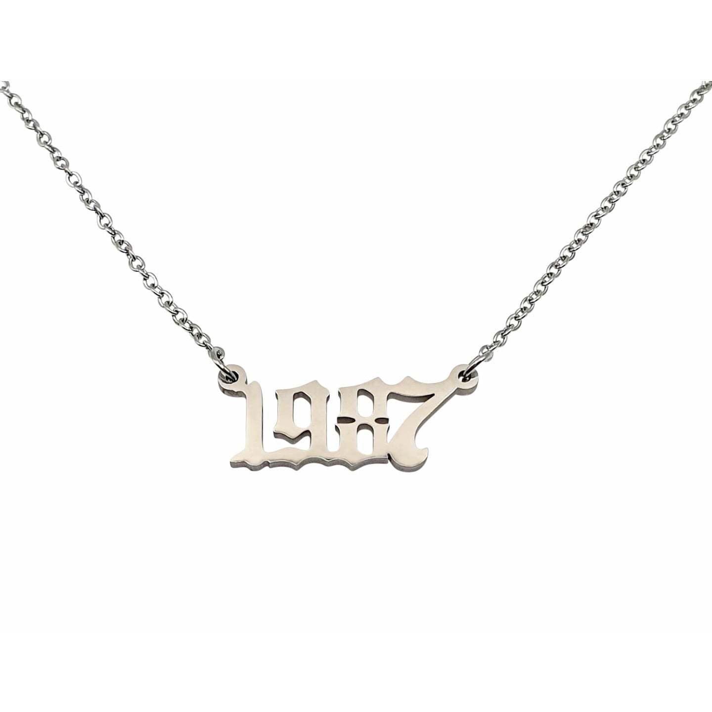 Elegant 1987 Year Necklace in tarnish-free stainless steel, available in gold and silver plating, showcasing its stylish design.