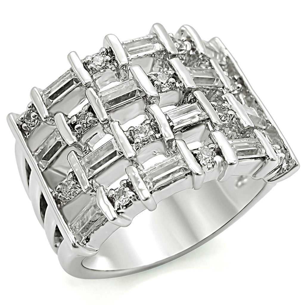 1W024 Rhodium Brass Ring featuring a clear AAA Grade CZ center stone, showcasing its elegant design and luxurious finish.