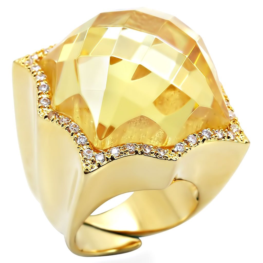 1W030 Gold Brass Ring featuring a vibrant citrine yellow AAA Grade CZ stone, elegantly designed for any occasion.