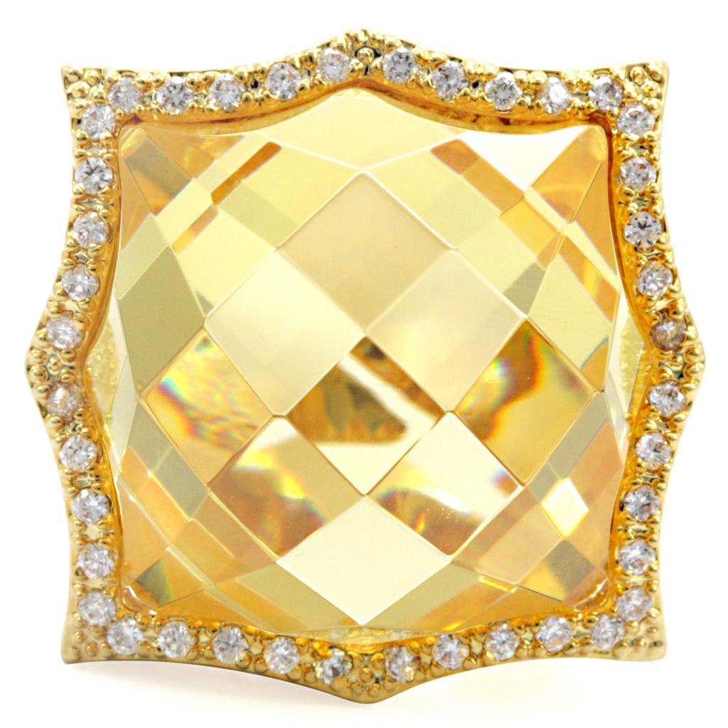 1W030 Gold Brass Ring featuring a vibrant citrine yellow AAA Grade CZ stone, elegantly designed for any occasion.