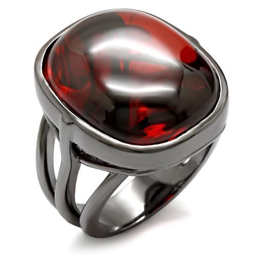 1W100 Ruthenium Brass Ring featuring a vibrant garnet AAA Grade CZ stone, elegantly designed with a durable brass base.