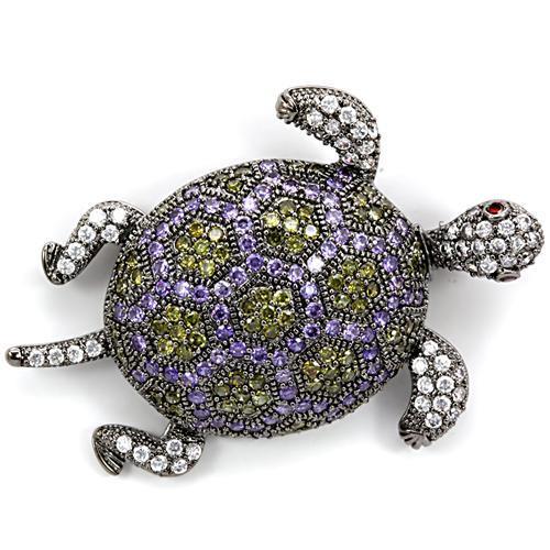 Elegant 1W127 Ruthenium Brass Brooch featuring AAA Grade CZ stones in a multi-color design, showcasing its intricate craftsmanship.