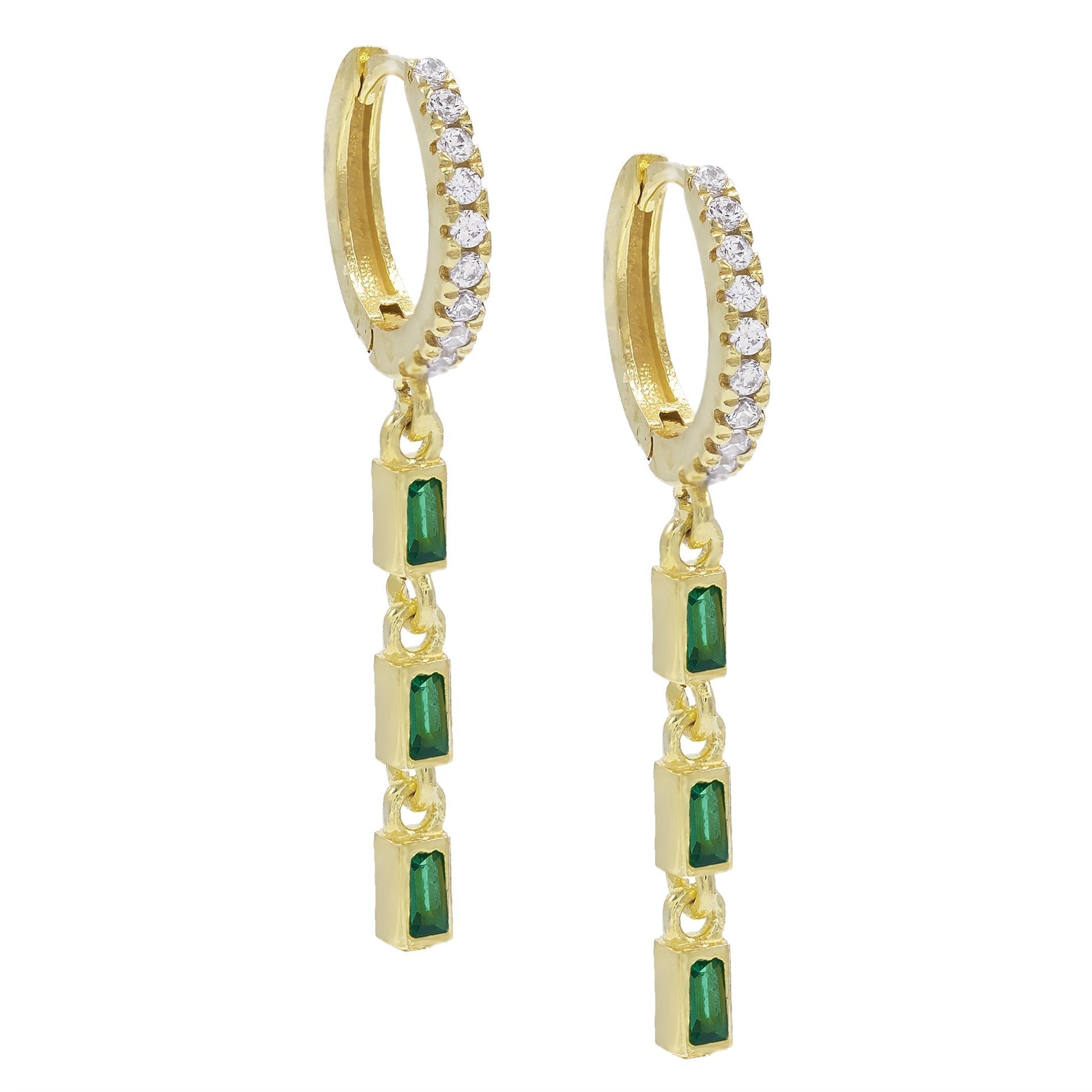 A pair of elegant dangling earrings featuring three green stone elements, crafted with 14K gold plating and brass, perfect for any occasion.