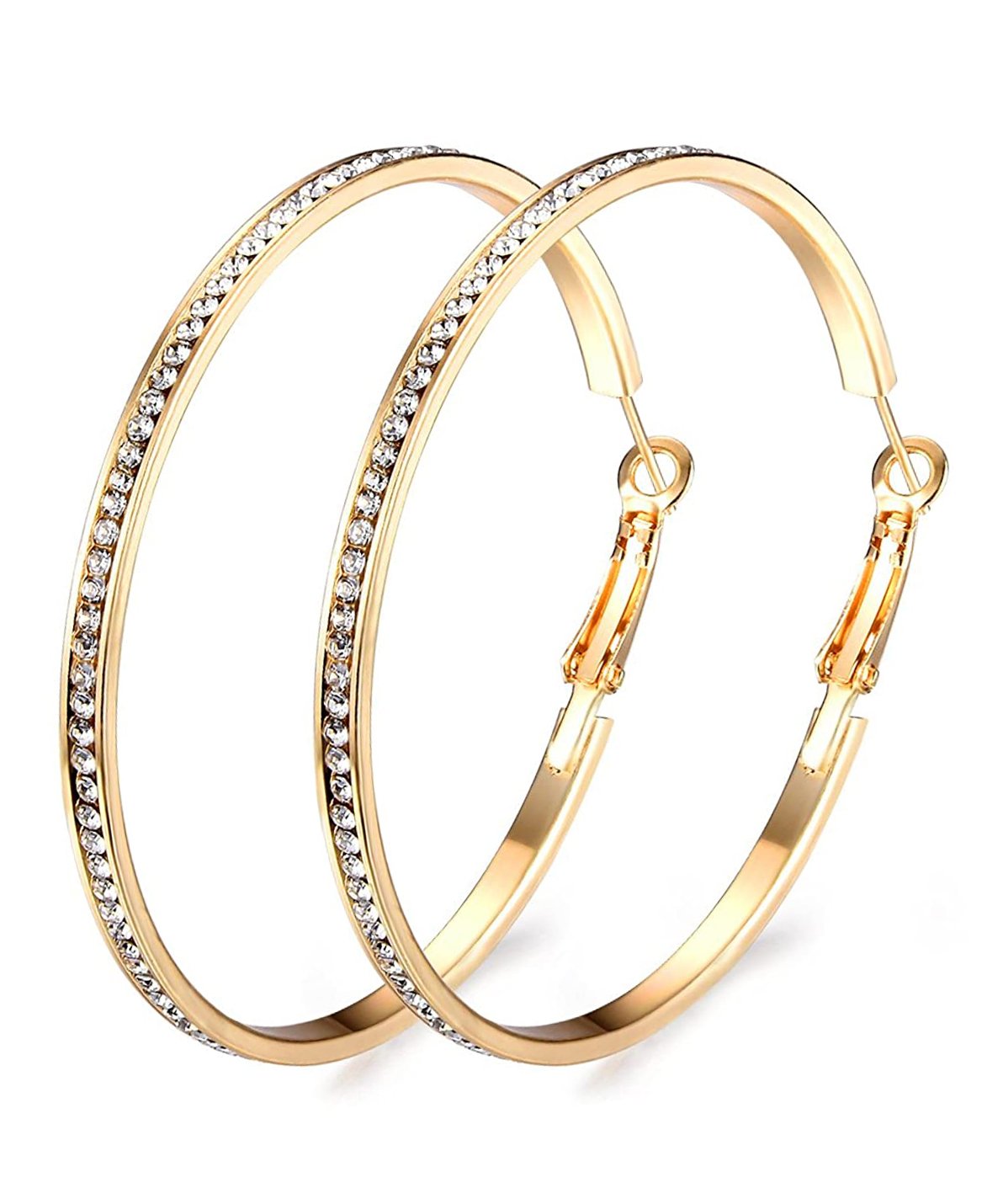 Elegant 2-inch pave hoop earrings adorned with sparkling crystals, featuring a luxurious 18K gold plating, designed in Italy.