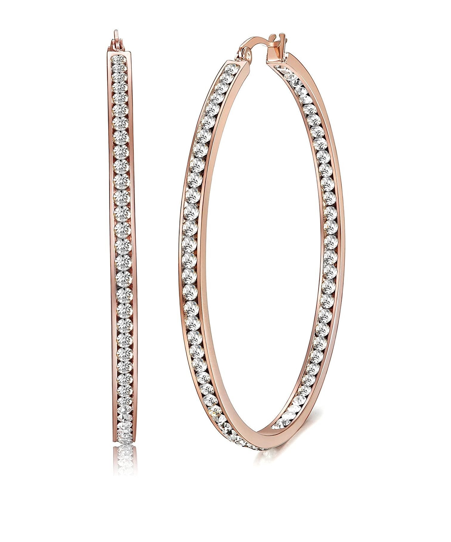 Elegant 2-inch pave hoop earrings with crystals, featuring 18K rose gold plating, showcasing Italian craftsmanship.