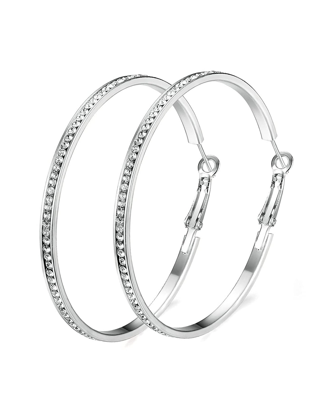 Elegant 2-inch pave hoop earrings featuring sparkling ® Crystals and 18K white gold plating, showcasing Italian craftsmanship.