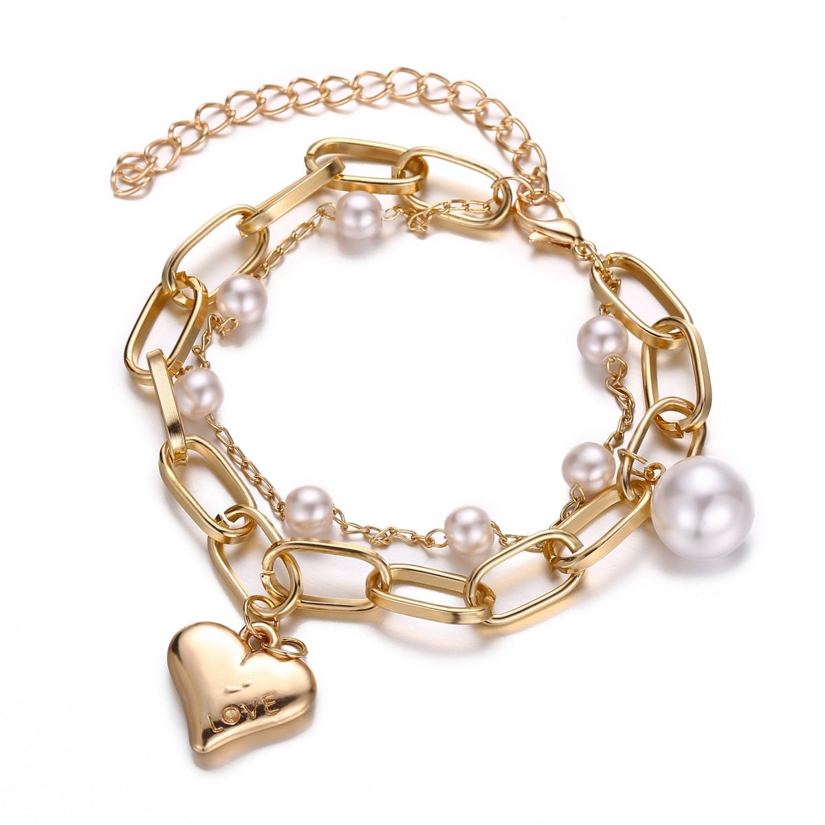 A beautiful 2 Piece Heart and Pearl Bracelet Set, elegantly designed with 18K gold plating, showcasing a heart motif and pearl accents.