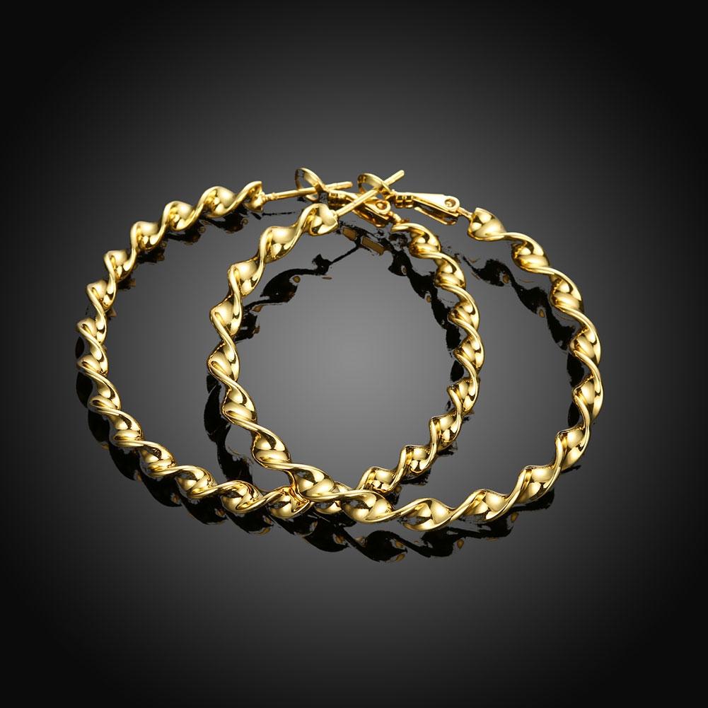 Elegant 2" Twist Hoop Earrings in 18K Gold Plated, showcasing a shiny gold finish and a unique twist design.