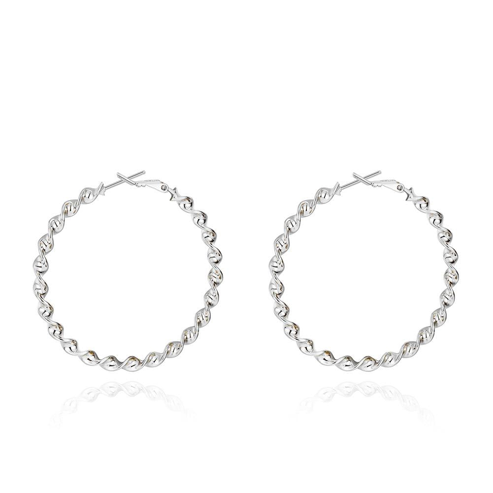 Elegant 2-inch twist hoop earrings plated in 18K white gold, showcasing a unique design and luxurious finish.