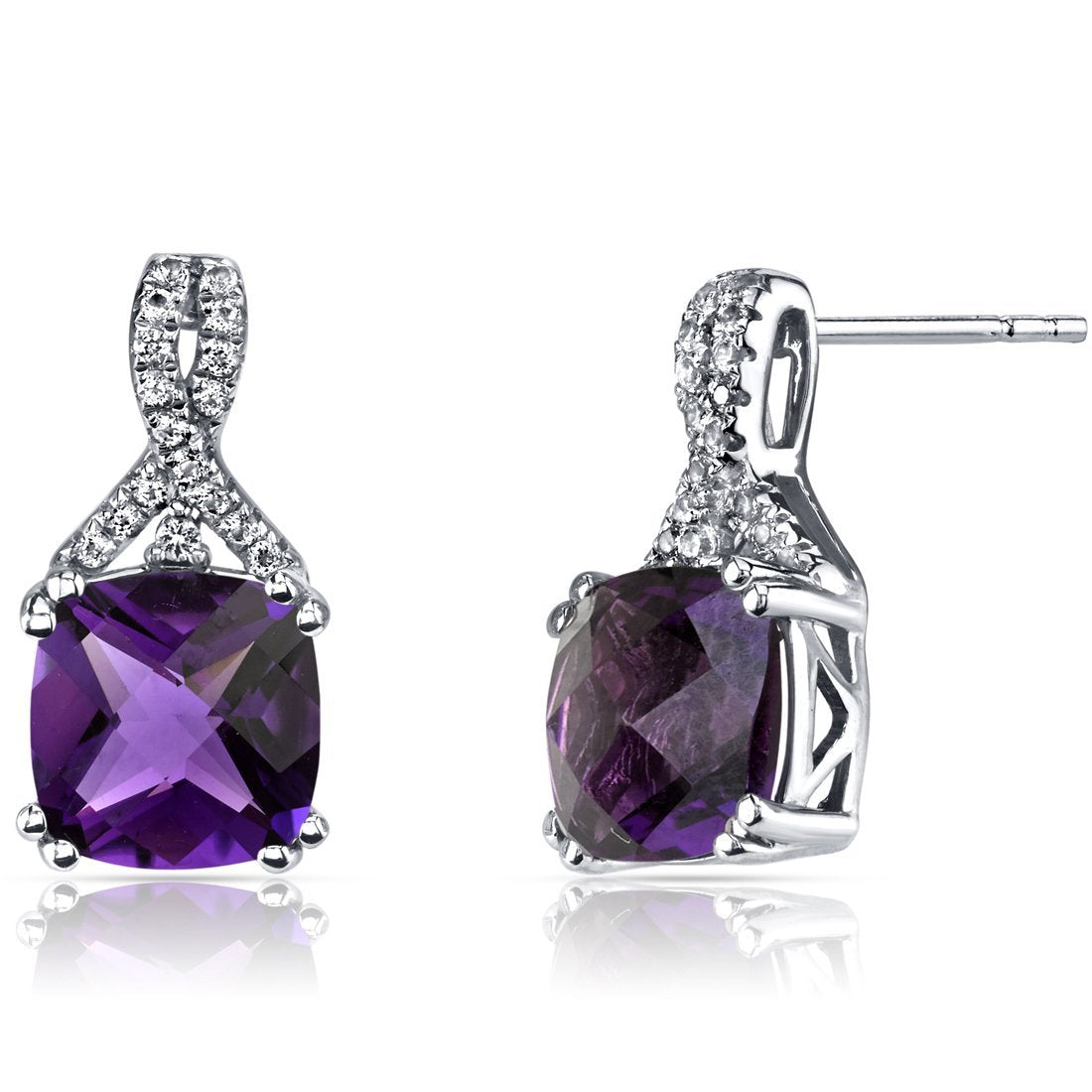 Elegant 2.00 CT cushion cut amethyst stud earrings set in 18K white gold plating, showcasing their luxurious design and vibrant color.