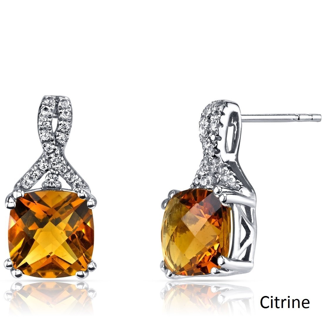 Elegant 2.00 CT cushion cut citrine stud earrings set in 18K white gold plated, showcasing their vibrant color and luxurious design.