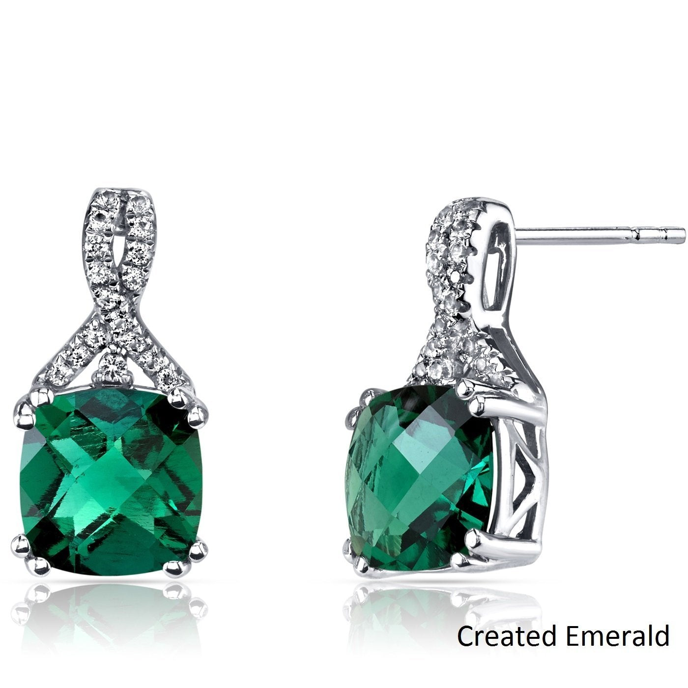 Elegant 2.00 CT cushion cut emerald stud earrings set in 18K white gold plating, showcasing their vibrant color and luxurious design.