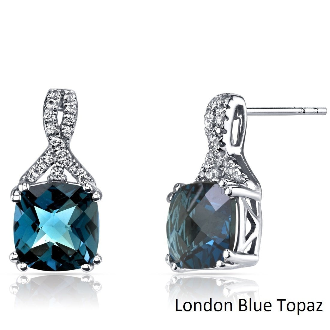 Elegant 2.00 CT cushion cut London Blue Topaz stud earrings set in 18K white gold, showcasing their brilliant blue color and luxurious design.