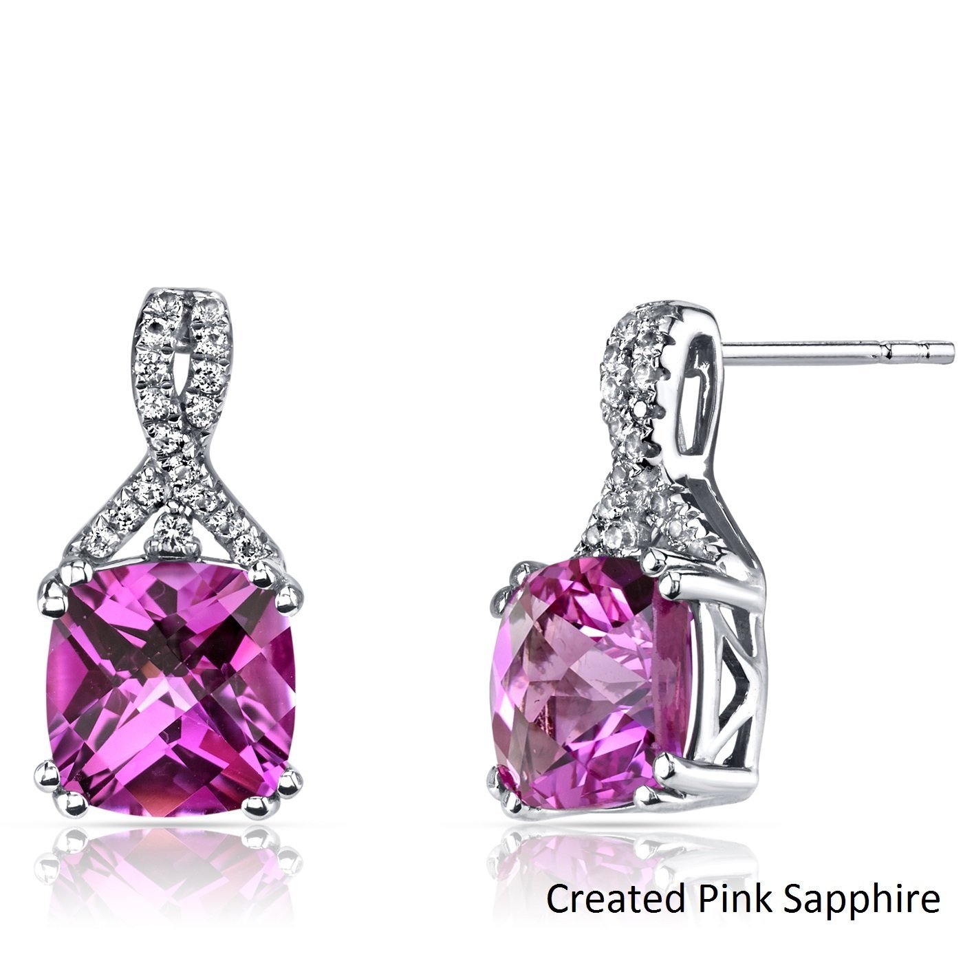 Elegant 2.00 CT Cushion Cut Pink Tourmaline Stud Earrings in 18K White Gold, showcasing their stunning design and vibrant color.