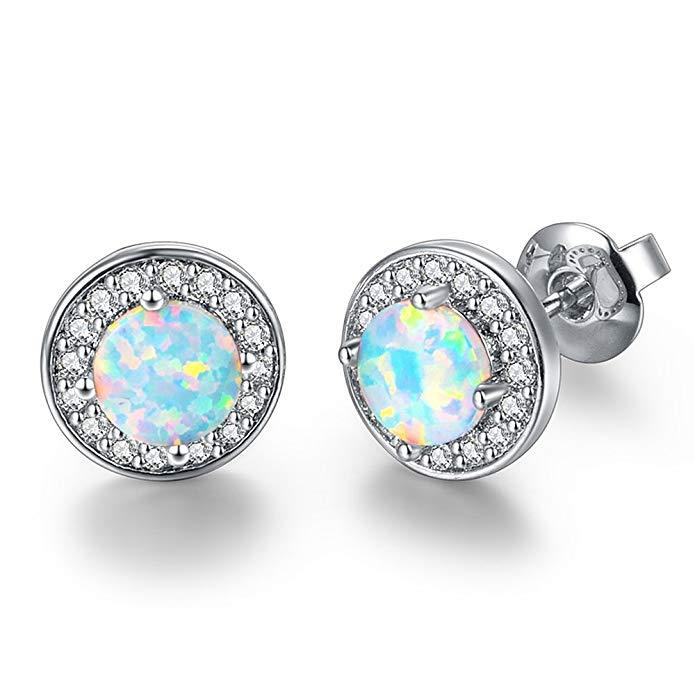 Elegant 2.00 Ct Opal Created Round Halo Stud Earrings in 18K White Gold Plated, showcasing their stunning design and craftsmanship.