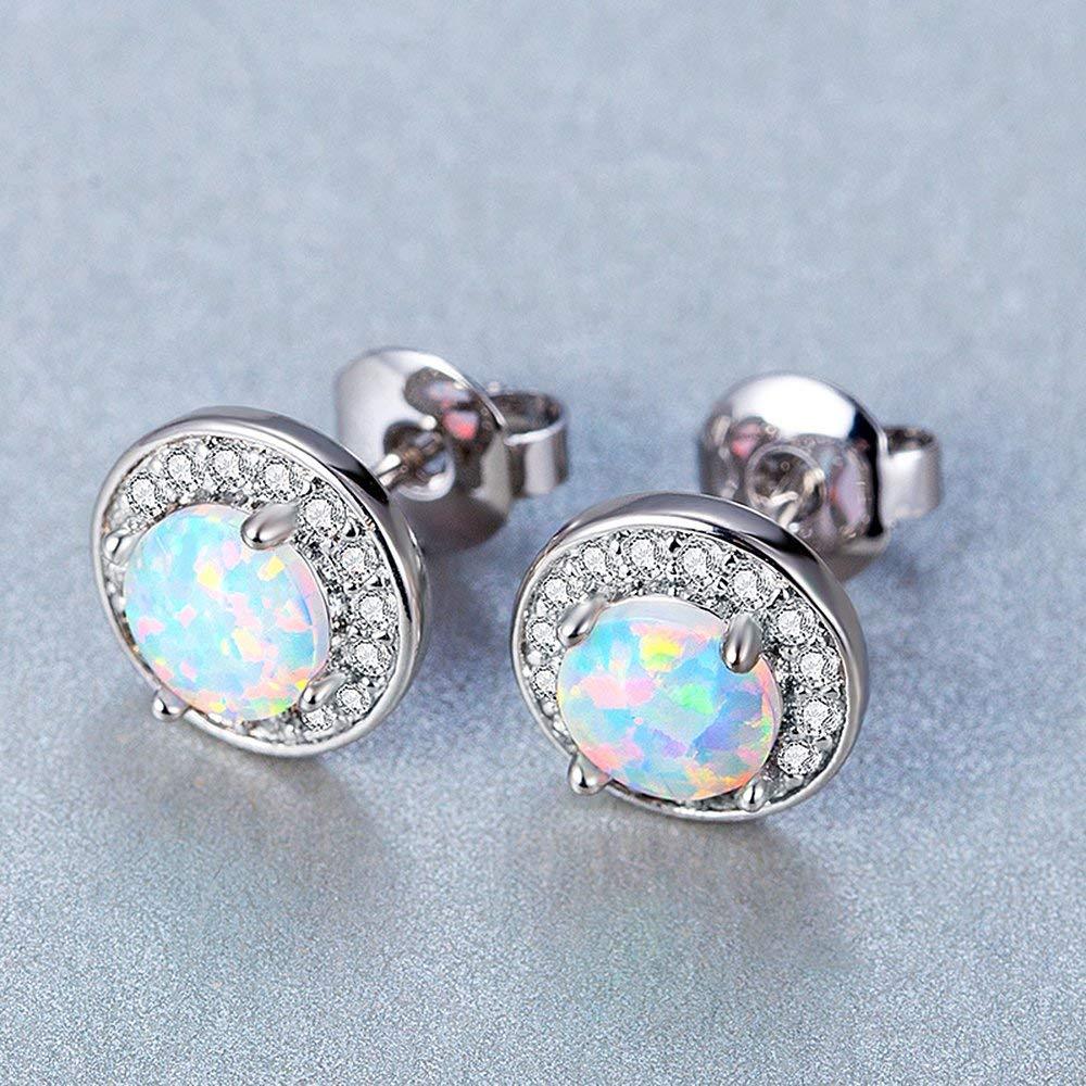 Elegant 2.00 Ct Opal Created Round Halo Stud Earrings in 18K White Gold Plated, showcasing their stunning design and craftsmanship.