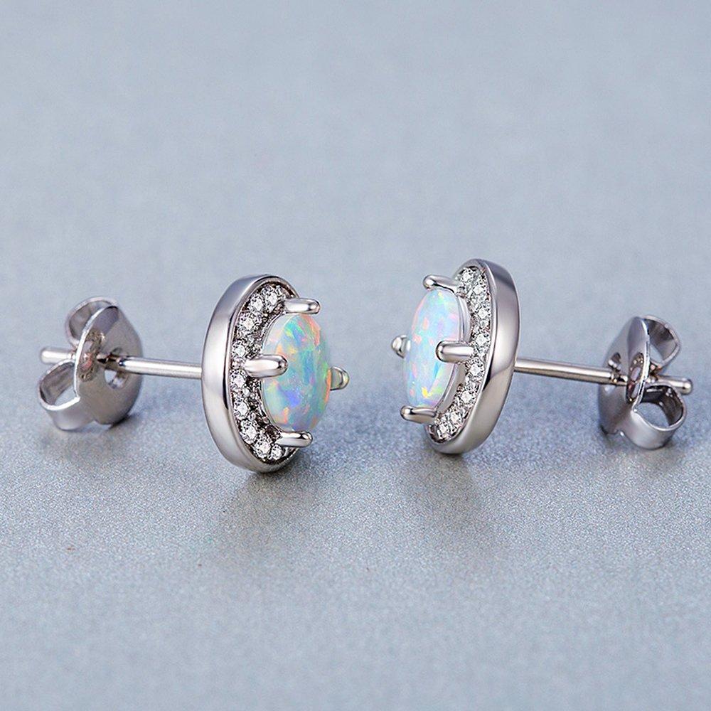 Elegant 2.00 Ct Opal Created Round Halo Stud Earrings in 18K White Gold Plated, showcasing their stunning design and craftsmanship.