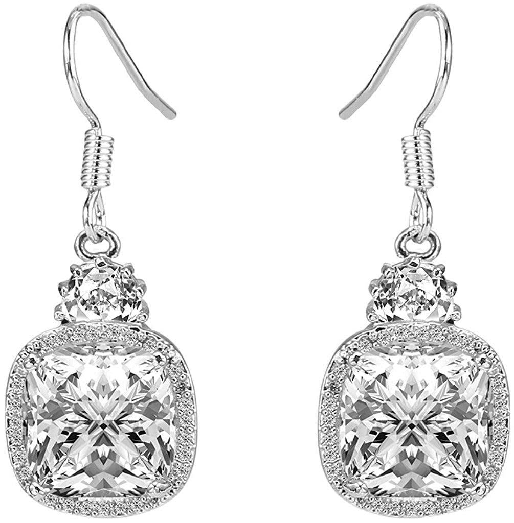 Elegant 2.00 CT White Topaz Ascher Cut Drop Earrings in 18K white gold plating, embellished with Austrian crystals, showcasing a luxurious design.