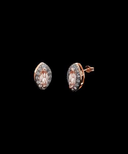 Elegant 2.00 CTTW Marquis Cut Morganite Studs set in 14K rose gold, featuring a white pavé setting and hypoallergenic design.