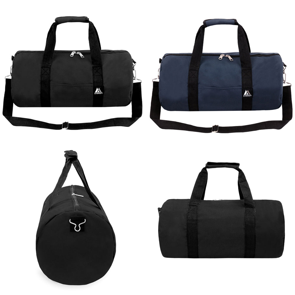 20 Inch Round Duffel bag in black, featuring zippered main compartment, padded handles, and adjustable shoulder strap.