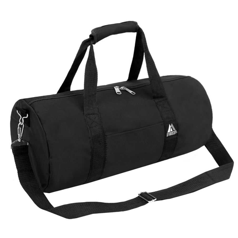 20 Inch Round Duffel bag in black, featuring zippered main compartment, padded handles, and adjustable shoulder strap.