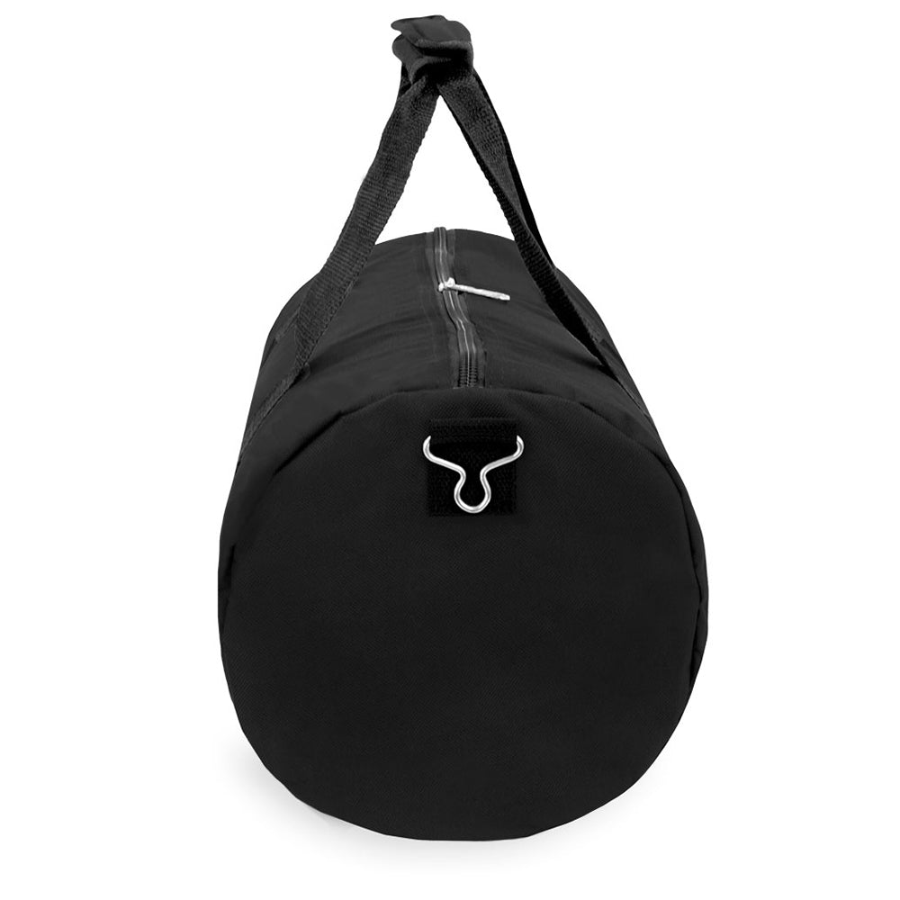 20 Inch Round Duffel bag in black, featuring zippered main compartment, padded handles, and adjustable shoulder strap.