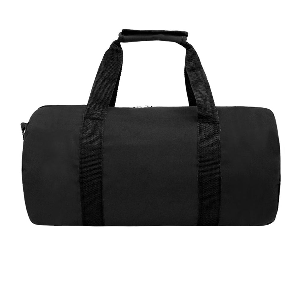 20 Inch Round Duffel bag in black, featuring zippered main compartment, padded handles, and adjustable shoulder strap.