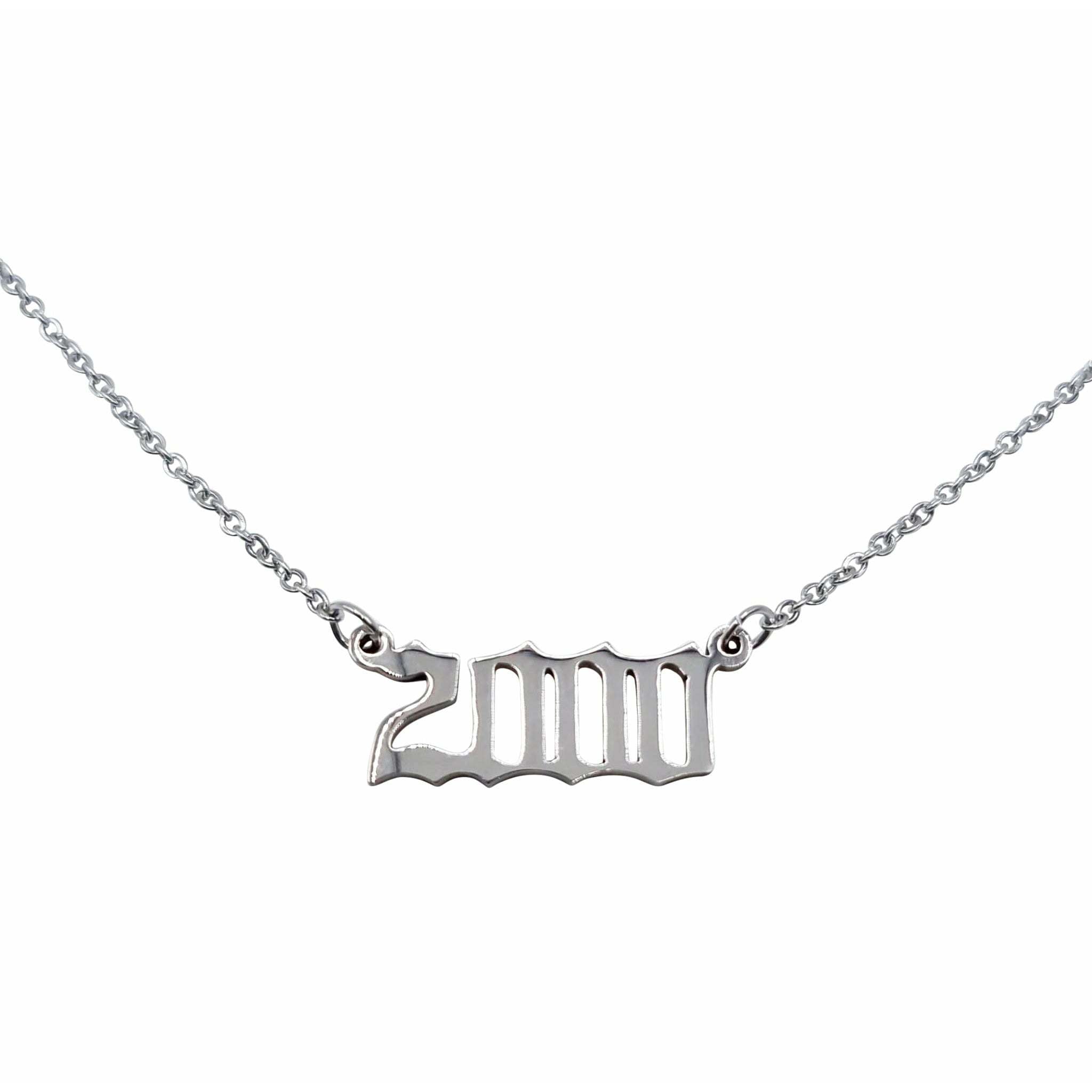 A stylish 2000 Year Necklace made of tarnish-free stainless steel in gold and silver options, featuring an 18-inch chain and a 2cm wide pendant.