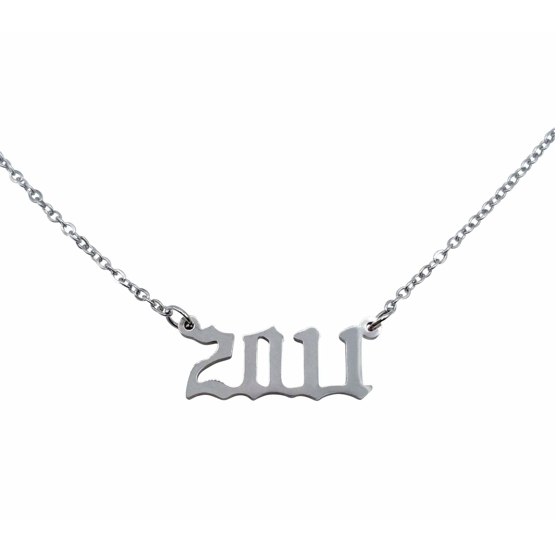 A beautiful 2011 Year Necklace made of tarnish-free stainless steel, available in gold and silver finishes, featuring an 18-inch chain and 2cm width.