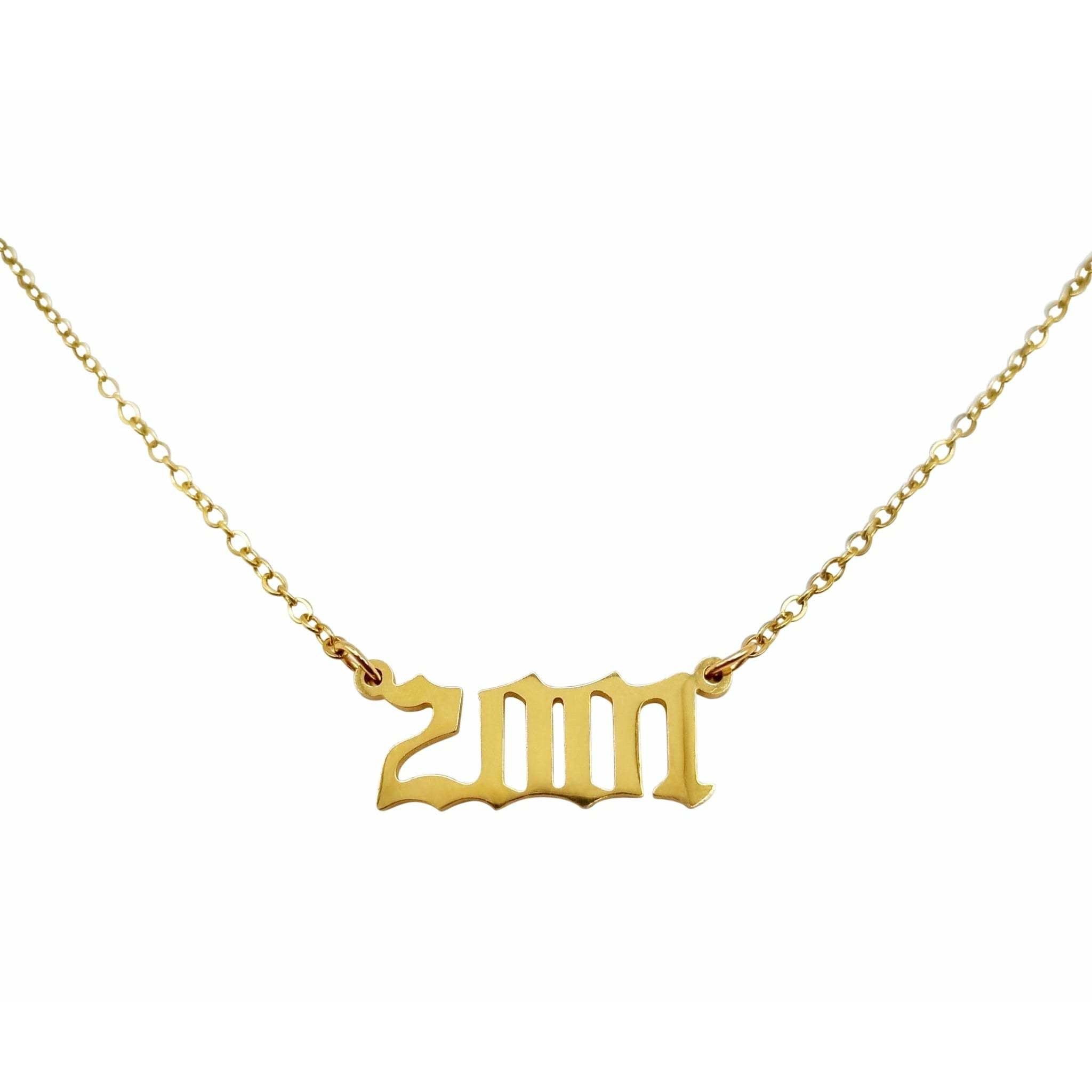 A stylish 2001 Year Necklace made of tarnish-free stainless steel in gold and silver finishes, featuring an 18-inch chain and a 2cm wide pendant.