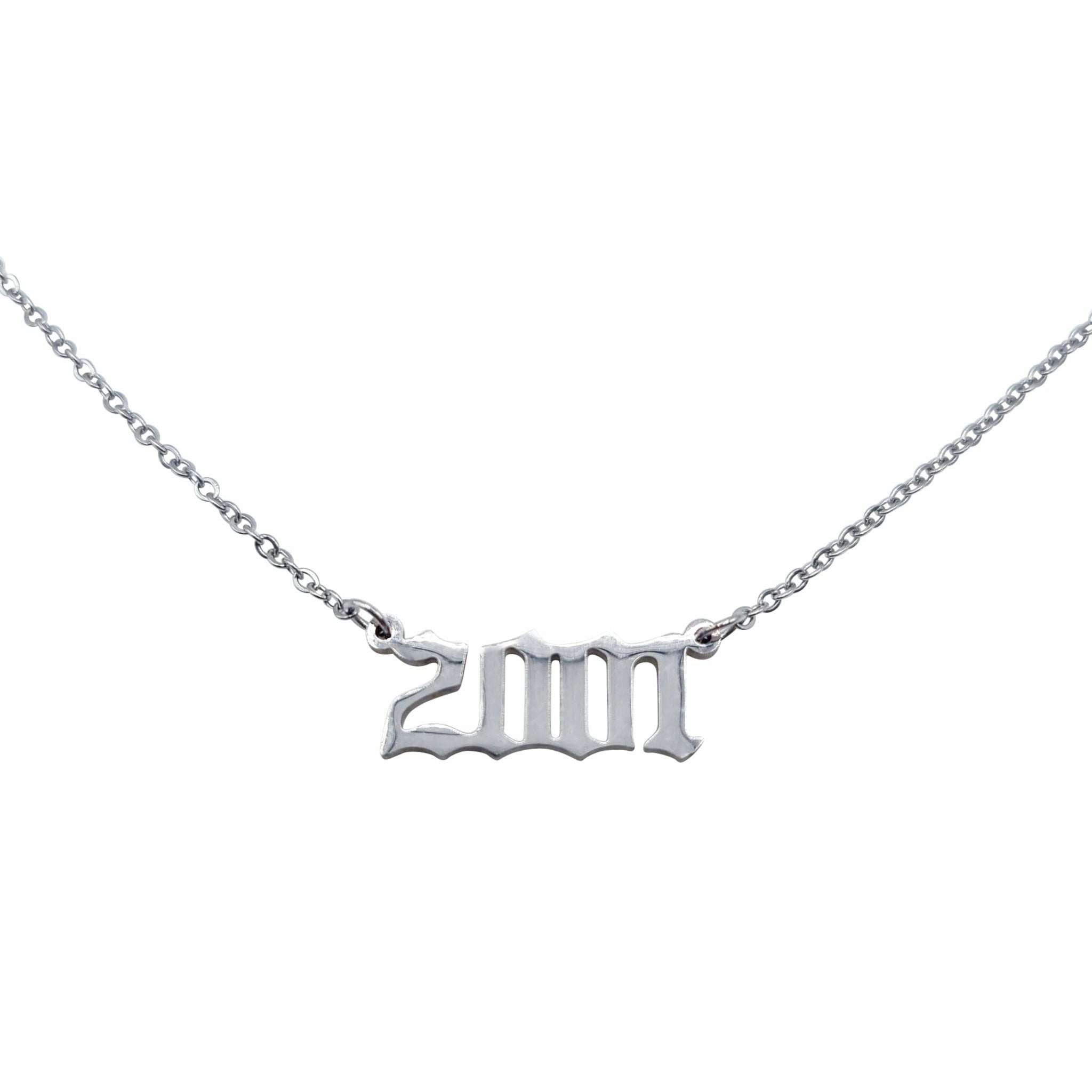 A stylish 2001 Year Necklace made of tarnish-free stainless steel in gold and silver finishes, featuring an 18-inch chain and a 2cm wide pendant.