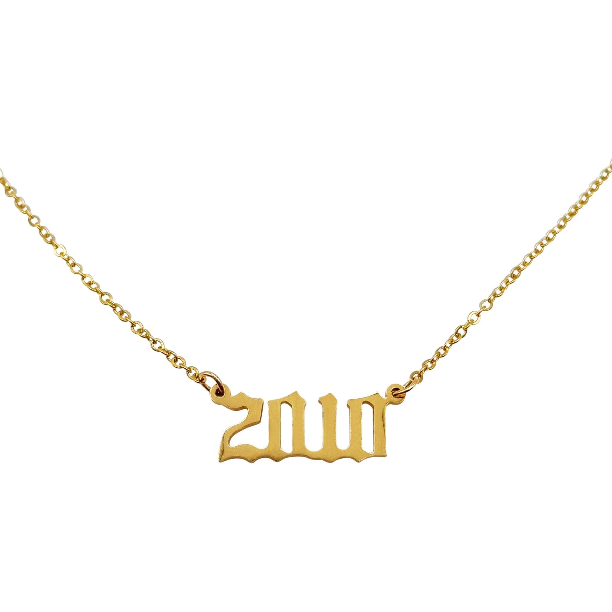 A stylish 2010 Year Necklace made of tarnish-free stainless steel, available in gold and silver finishes, featuring a comfortable 18-inch chain.