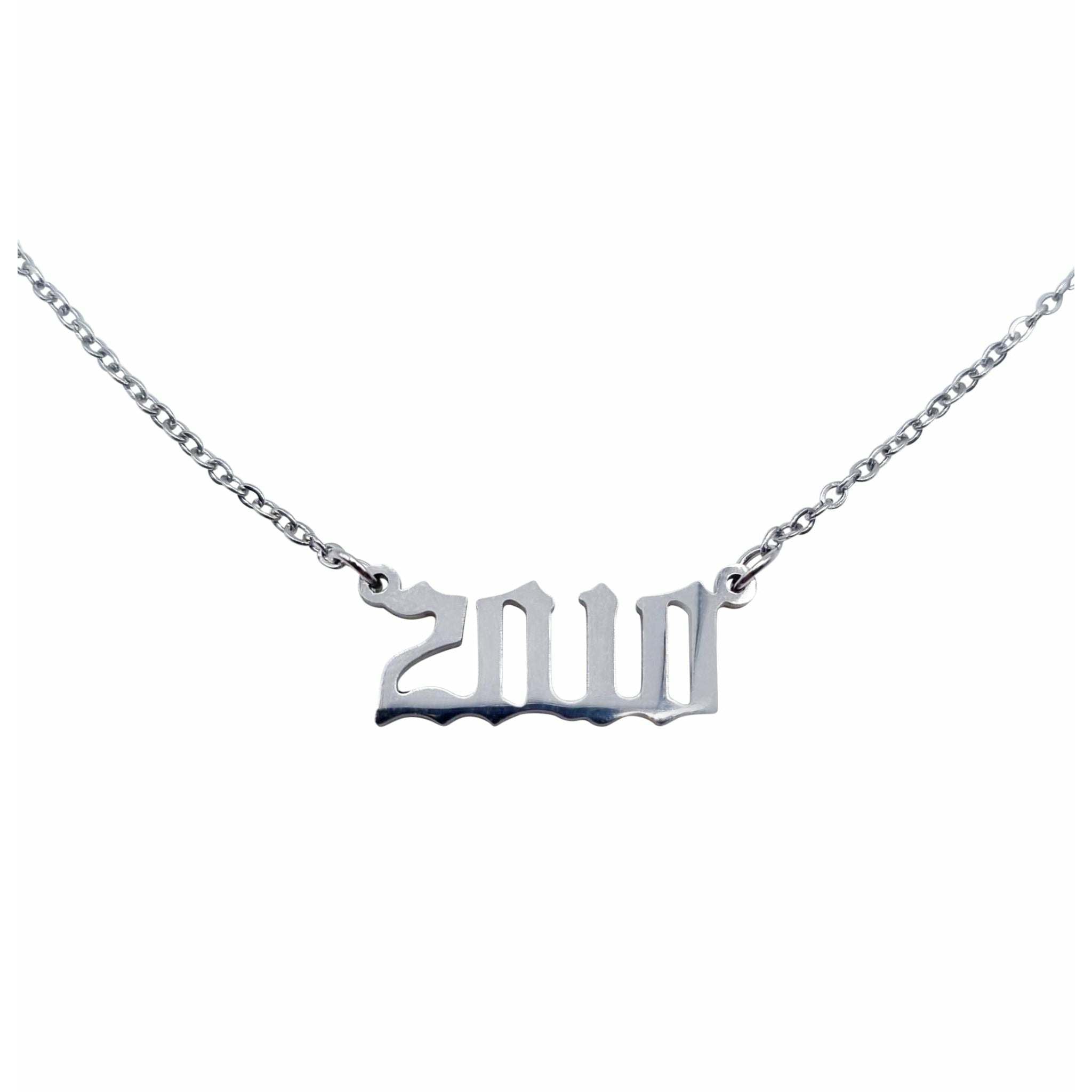 A stylish 2010 Year Necklace made of tarnish-free stainless steel, available in gold and silver finishes, featuring a comfortable 18-inch chain.