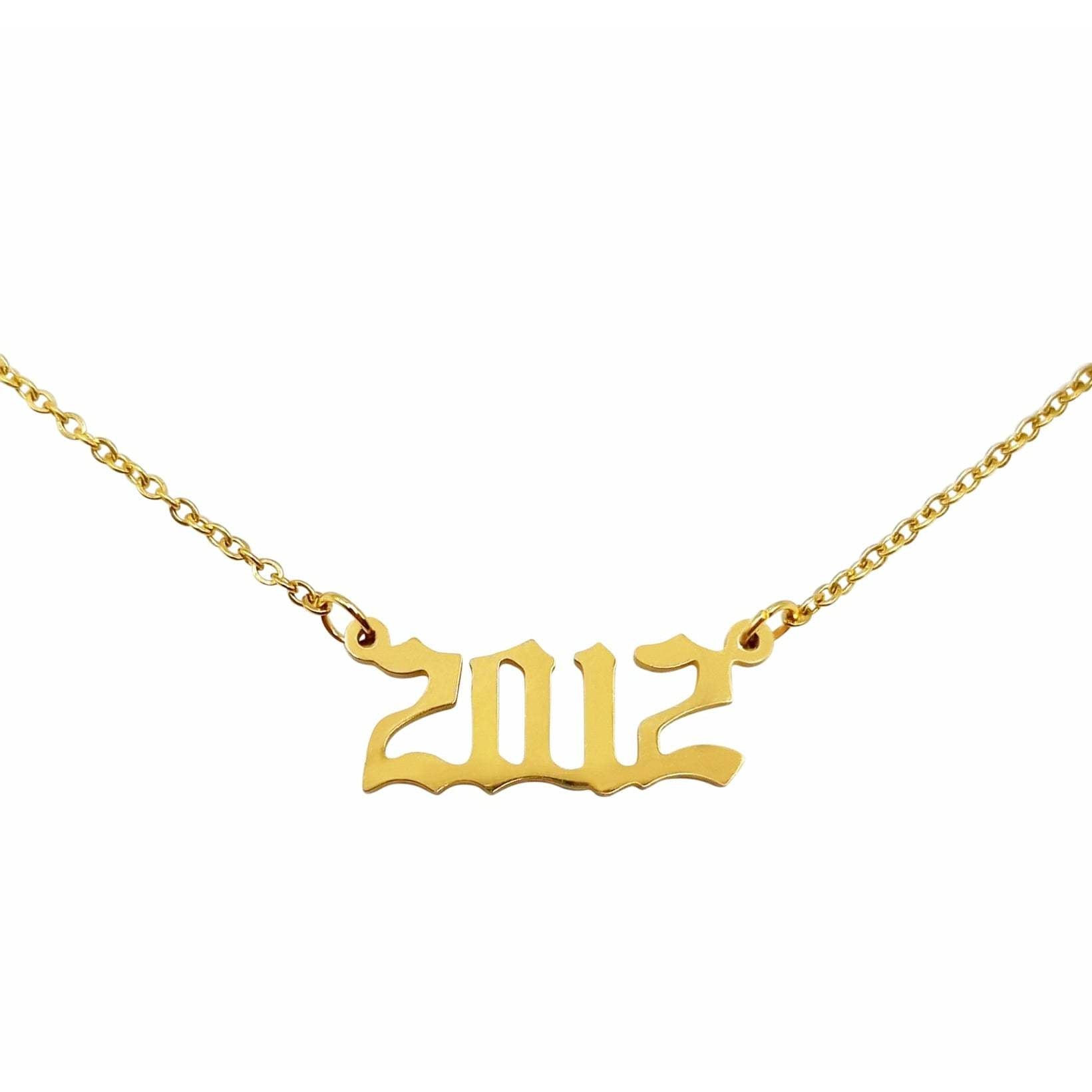 A stylish 2012 Year Necklace made of tarnish-free stainless steel, available in gold and silver finishes, featuring an 18-inch chain.