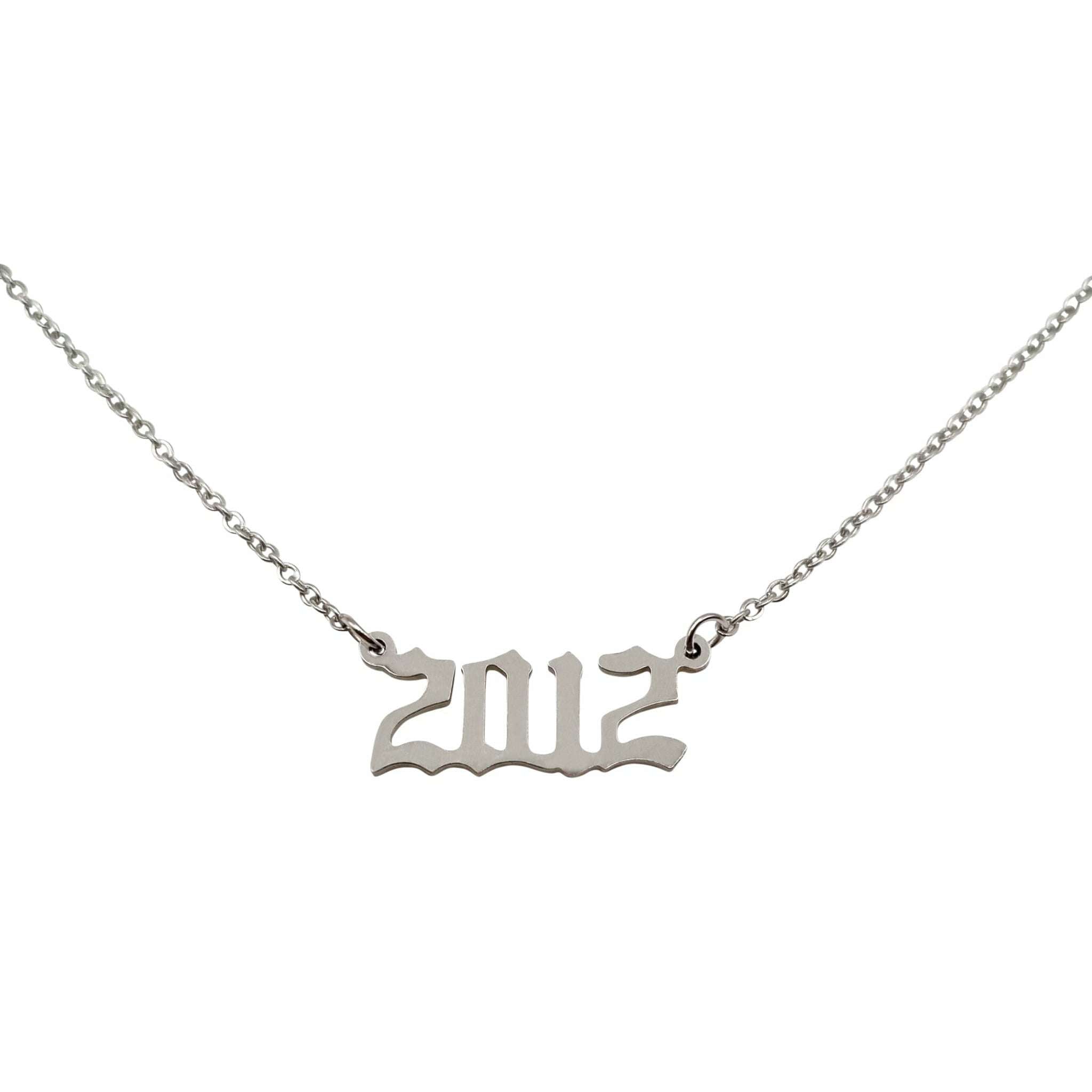 A stylish 2012 Year Necklace made of tarnish-free stainless steel, available in gold and silver finishes, featuring an 18-inch chain.