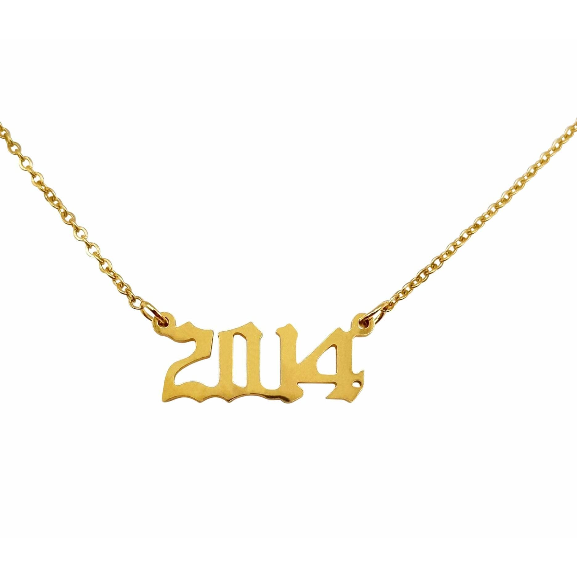 A beautiful 2014 Year Necklace made of tarnish-free stainless steel, available in gold and silver finishes, featuring a stylish 2cm width and 18-inch chain.