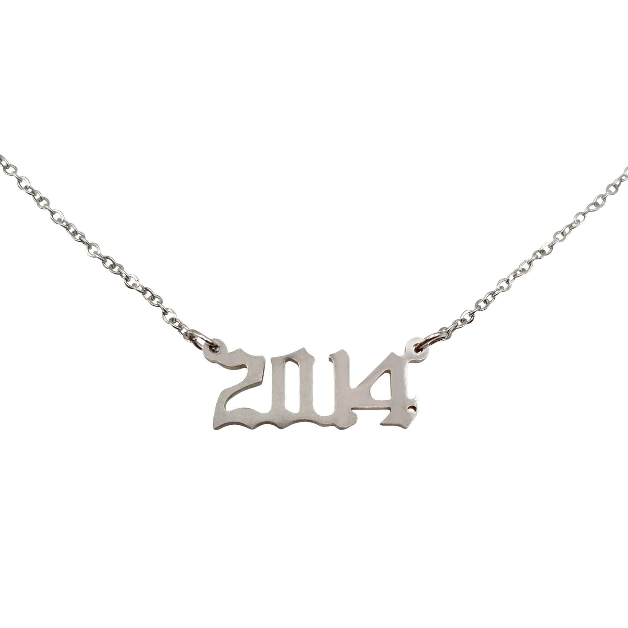 A beautiful 2014 Year Necklace made of tarnish-free stainless steel, available in gold and silver finishes, featuring a stylish 2cm width and 18-inch chain.