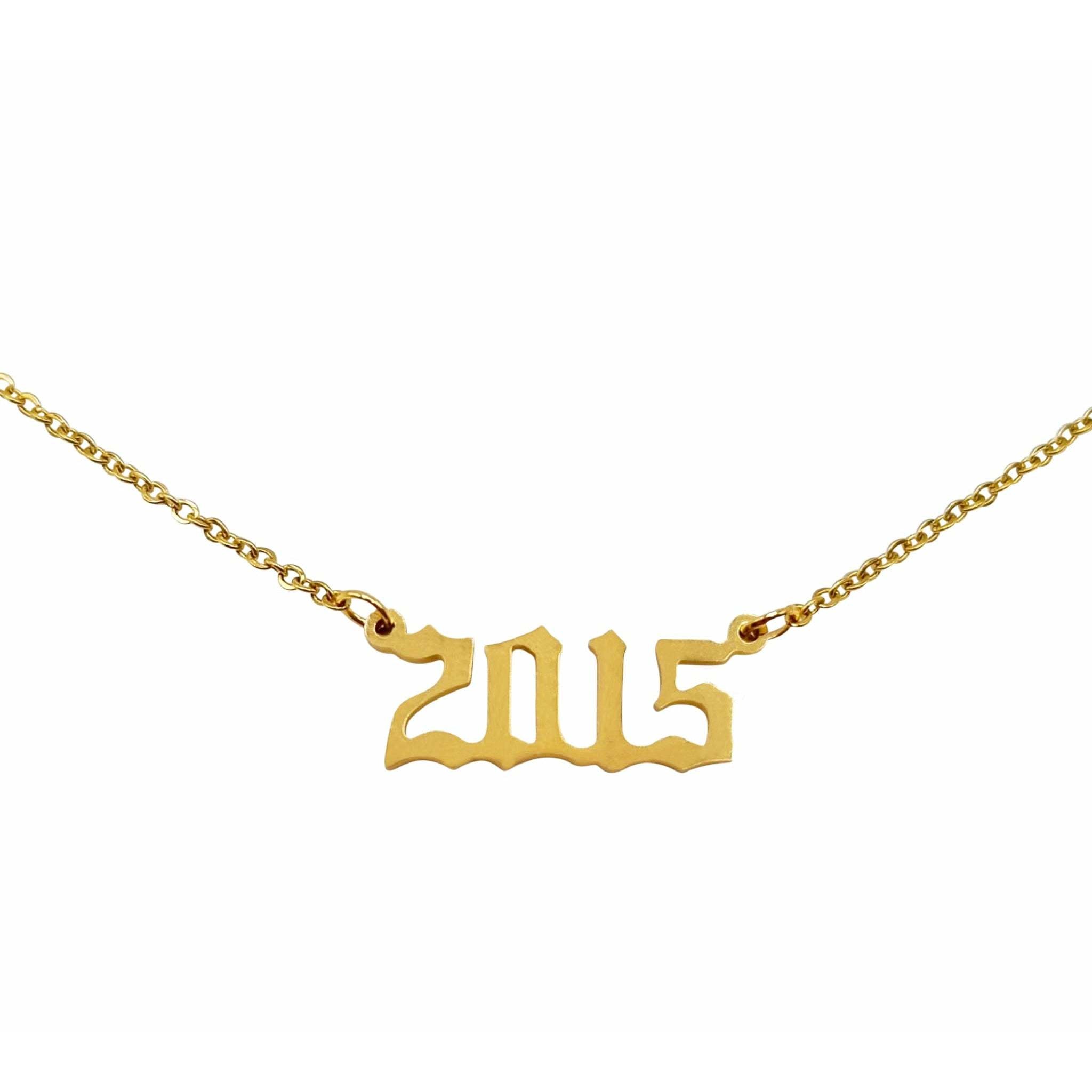 A stylish 2015 Year Necklace made of tarnish-free stainless steel, available in gold and silver finishes, featuring a comfortable 18-inch chain.