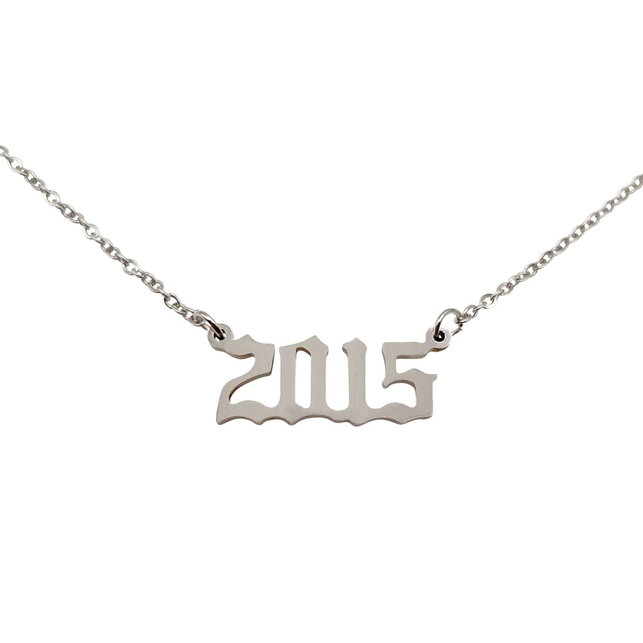 A stylish 2015 Year Necklace made of tarnish-free stainless steel, available in gold and silver finishes, featuring a comfortable 18-inch chain.