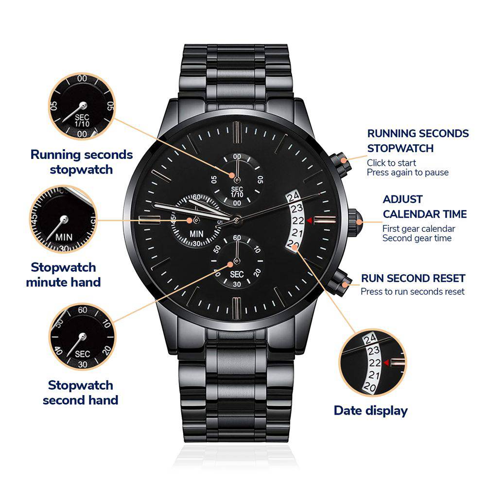 2022 Black Chronograph Watch with customizable engraving, featuring a luxury copper dial and stainless steel body.