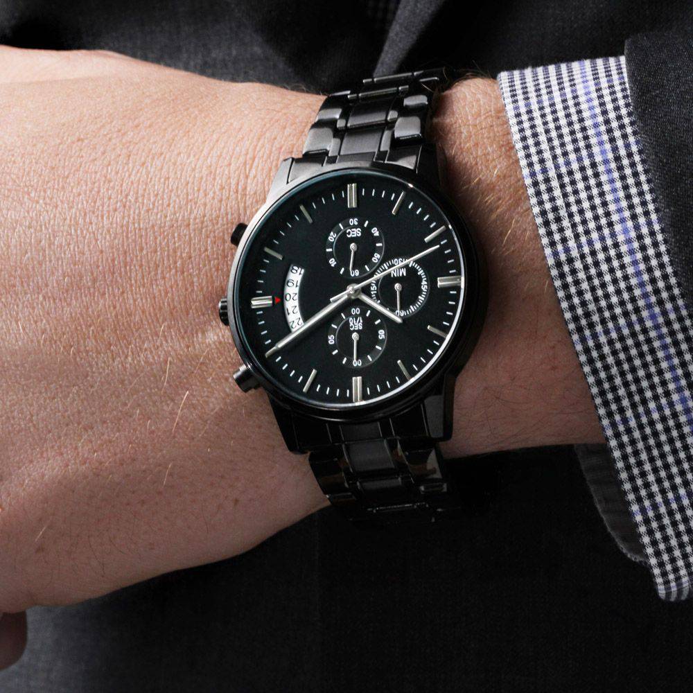 2022 Black Chronograph Watch with customizable engraving, featuring a luxury copper dial and stainless steel body.