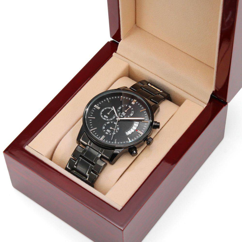 2022 Black Chronograph Watch with customizable engraving, featuring a luxury copper dial and stainless steel body.