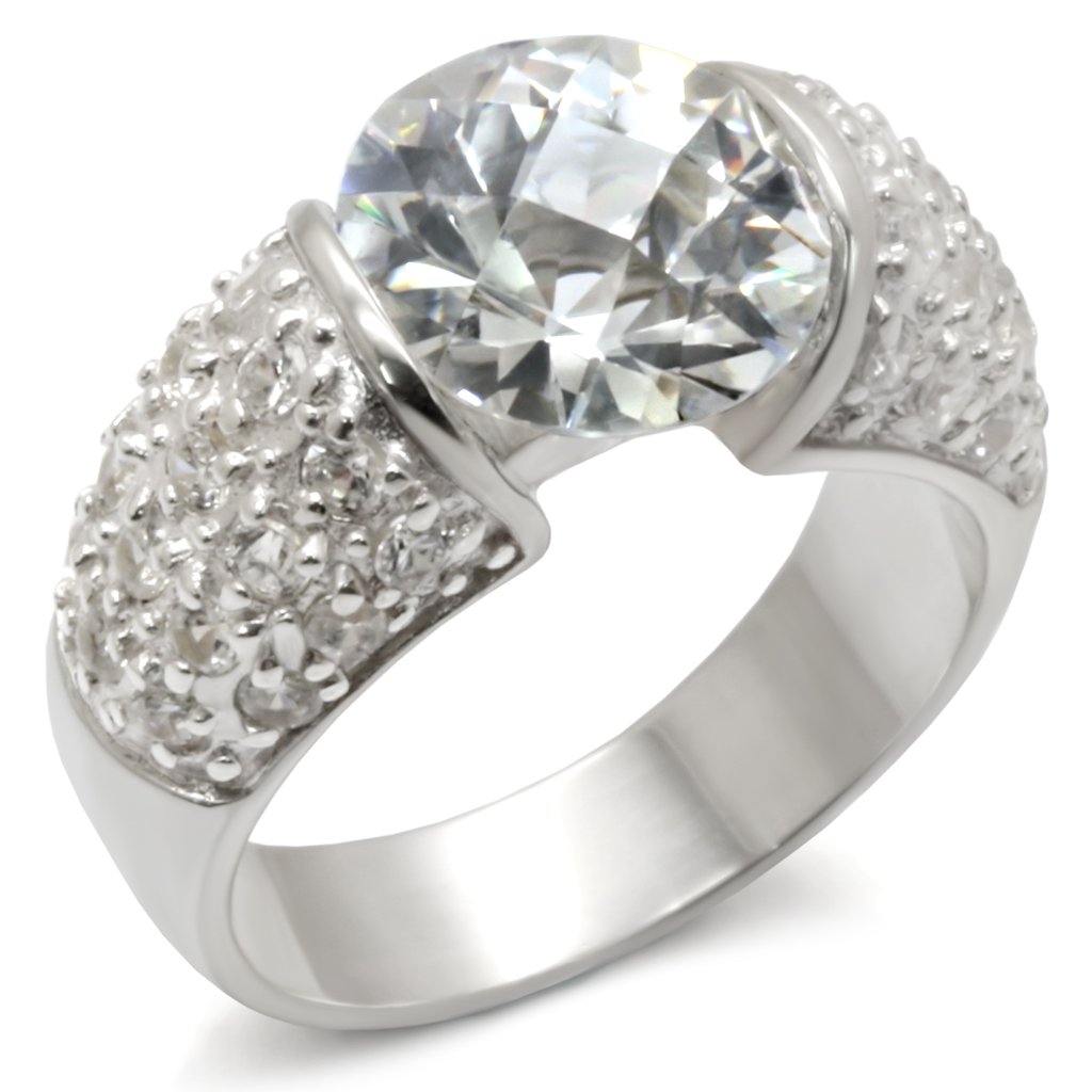 A high-polished 925 sterling silver ring featuring AAA grade clear CZ stones, showcasing elegance and shine.