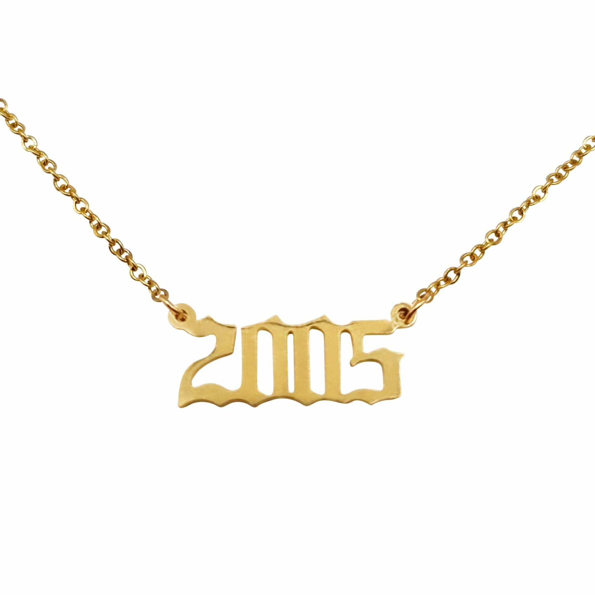 2005 Year Necklace in gold and silver, showcasing a sleek design with a 2cm pendant on an 18-inch chain.