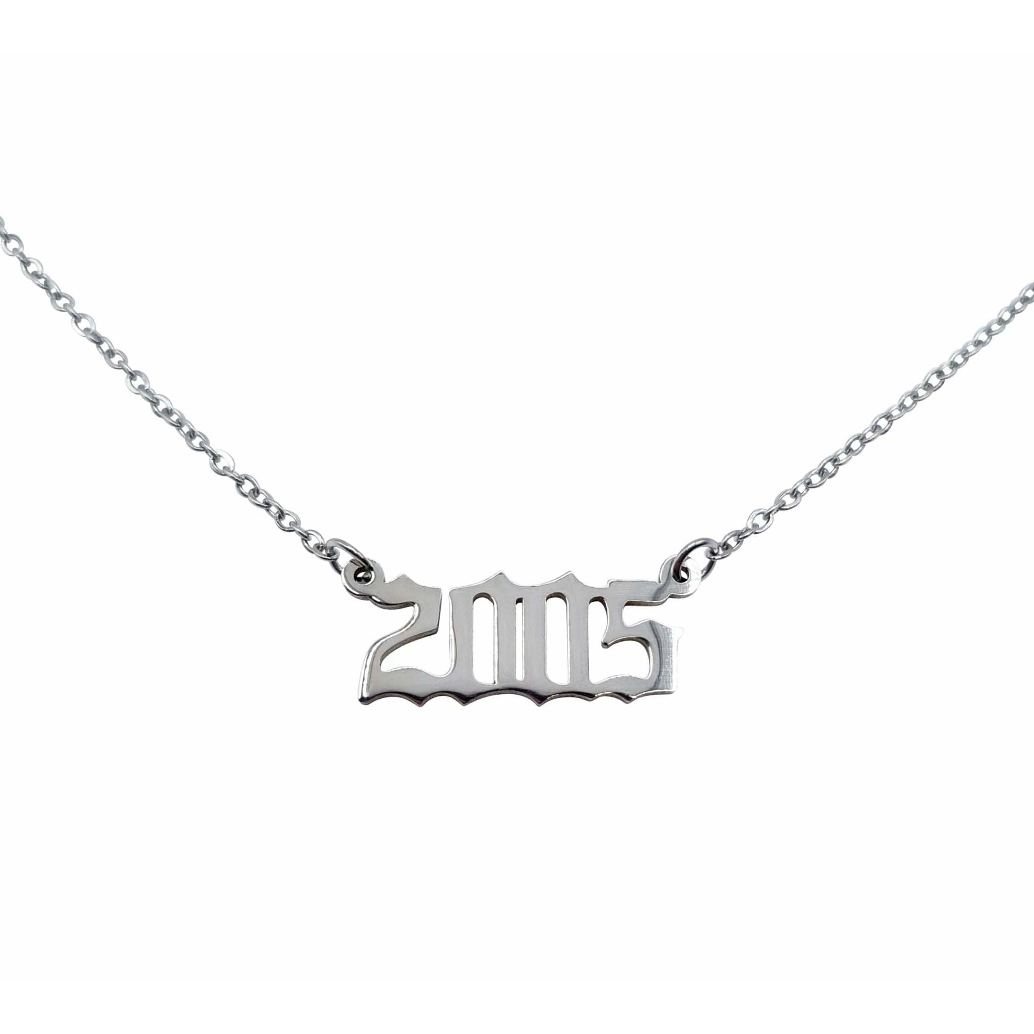 2005 Year Necklace in gold and silver, showcasing a sleek design with a 2cm pendant on an 18-inch chain.